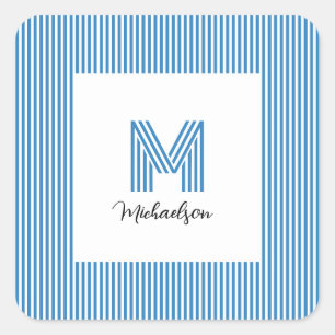 Modern Minimal Coastal Blue Stripes Monogram Square Sticker