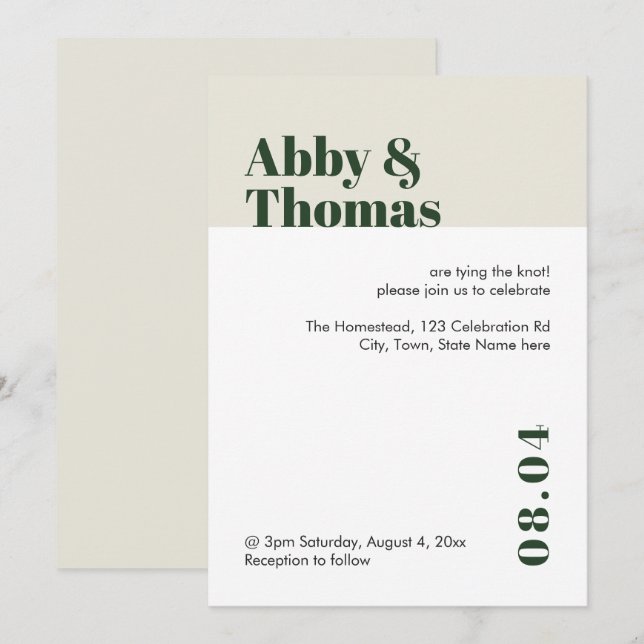 Modern Minimal Colour Block Green Stylish Wedding Invitation (Front/Back)