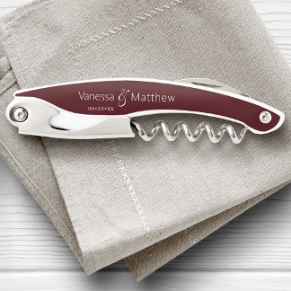 Modern Minimal Couple's Wedding Date Burgundy Corkscrew