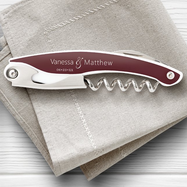Modern Minimal Couple's Wedding Date Burgundy Corkscrew (Edit the design to change the primary color, text color and more)