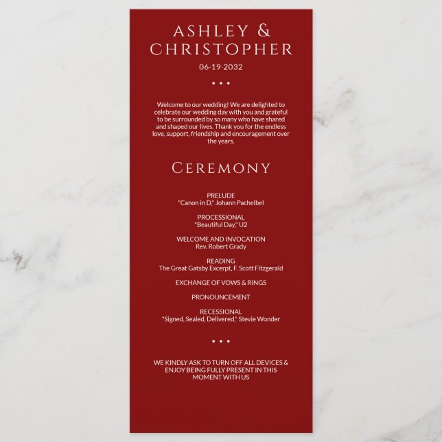 Modern Minimal Crimson Red Wedding Ceremony Programme (Front)