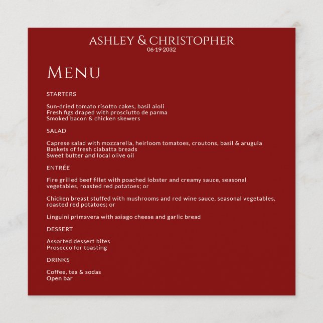 Modern Minimal Crimson Red Wedding Reception Menu (Front)