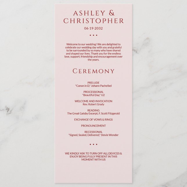 Modern Minimal Crimson & Rose Wedding Ceremony Programme (Front)