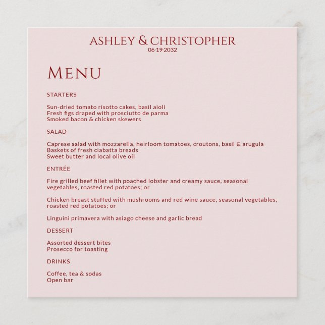Modern Minimal Crimson & Rose Wedding Reception Menu (Front)