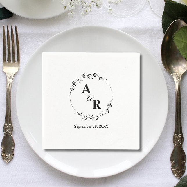 Modern Minimal Custom Rustic Leaf Wedding Initials Napkin (Modern minimal rustic leaf custom initials napkins add natural charm to your wedding table)