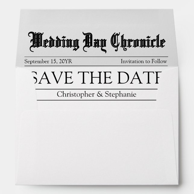 Modern Minimal Customised Newspaper Save the Date Envelope (Back (Bottom))