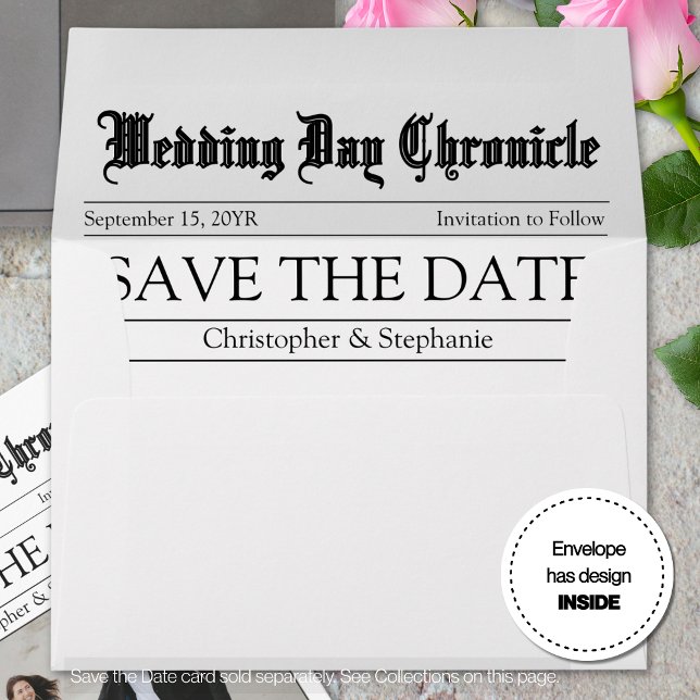 Modern Minimal Customised Newspaper Save the Date Envelope (Personalized Elegant Script Stylish Newspaper Save the Date Envelope)