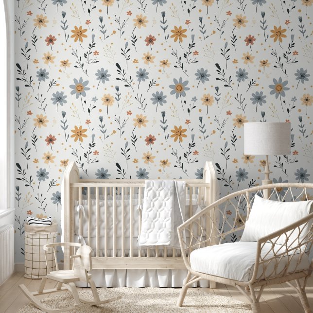 Modern Minimal Cute Boho Flowers Floral Nursery Wallpaper (Kids)