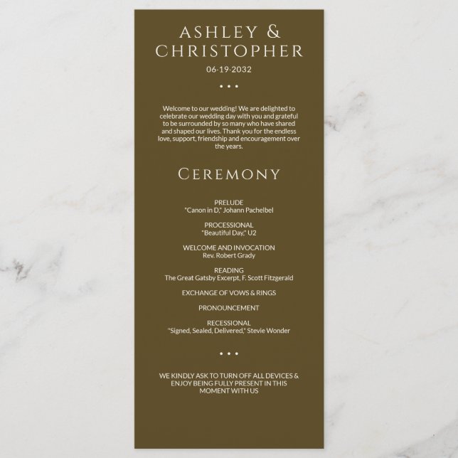 Modern Minimal Dark Bronze Wedding Ceremony Programme (Front)