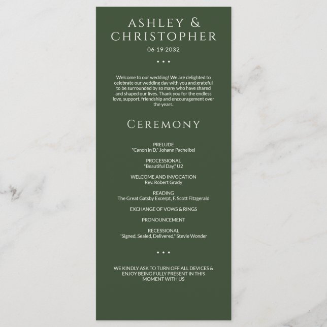 Modern Minimal Dark Moss Green Wedding Ceremony Programme (Front)