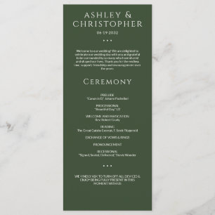 Modern Minimal Dark Moss Green Wedding Ceremony Programme