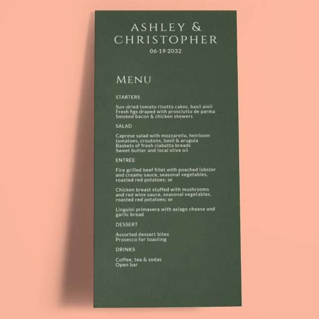 Modern Minimal Dark Moss Green Wedding Reception Menu (Creator Uploaded)