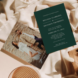 Modern Minimal Deep Emerald Green Photo Wedding Invitation