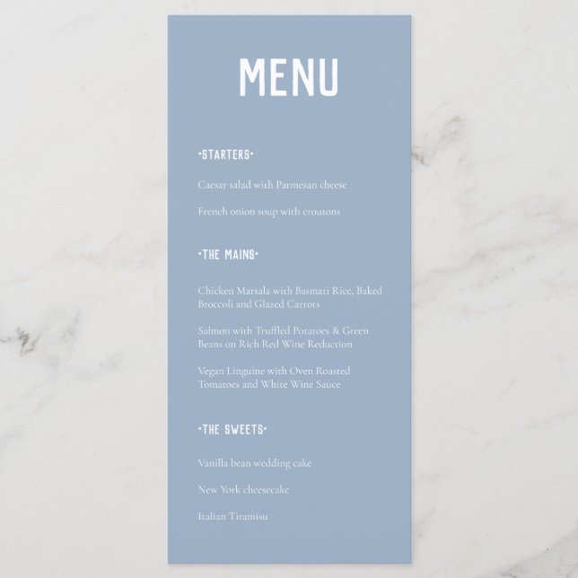 Modern Minimal Dusty Blue Typography Wedding Menu (Front)