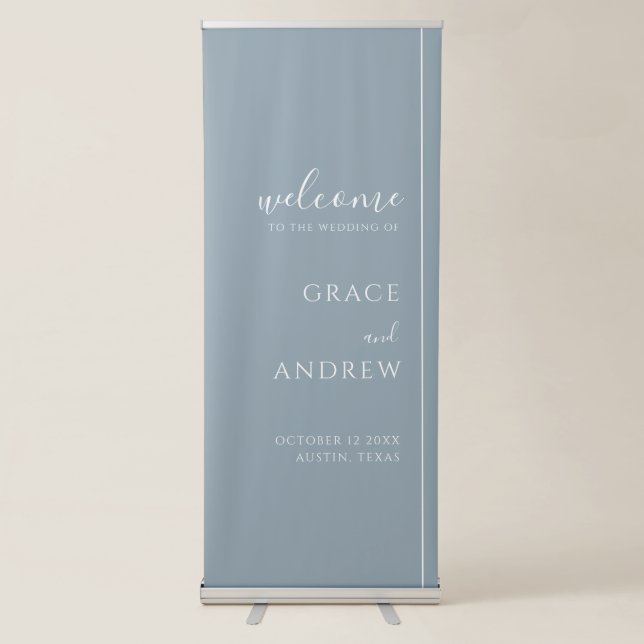 Modern Minimal Dusty Blue Wedding Welcome Retractable Banner (Front)