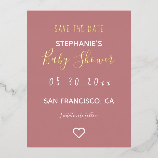 Modern Minimal Dusty Rose Heart Baby Shower  Foil Holiday Postcard (Front)