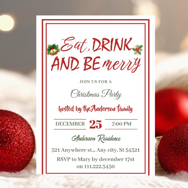 Modern Minimal Eat Drink Be Merry Christmas Party Invitation (Creator Uploaded)