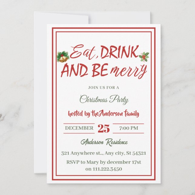 Modern Minimal Eat Drink Be Merry Christmas Party Invitation (Front)