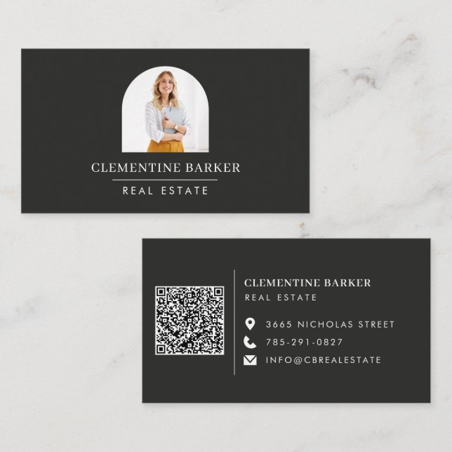 Modern minimal elegant beige simple arch photo business card (Front/Back)