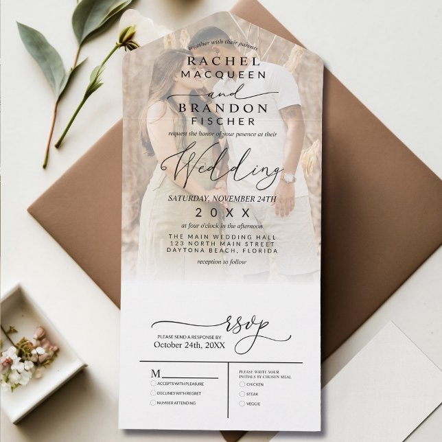 Modern Minimal Elegant Black White Photo Wedding All In One Invitation (Creator Uploaded)