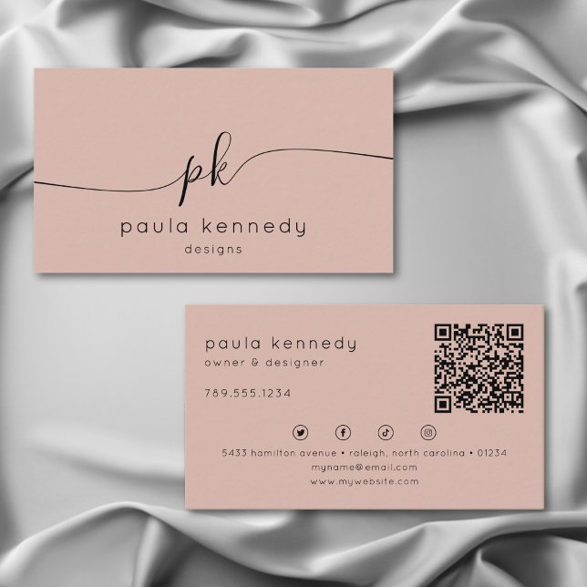 Modern Minimal Elegant Blush Monogram QR Code Business Card (Creator Uploaded)