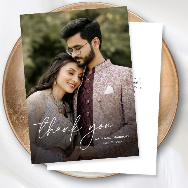 Modern Minimal Elegant Calligraphy Photo Wedding Thank You Card (Creator Uploaded)