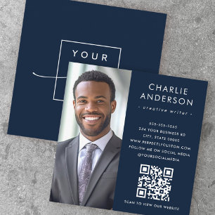 Modern minimal elegant dark blue photo square business card
