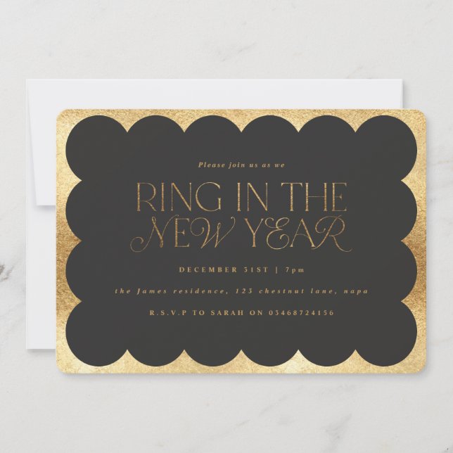 Modern minimal elegant gold effect retro wavy edge invitation (Front)