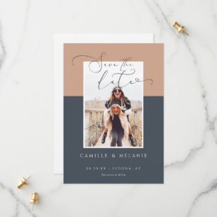 Modern, Minimal Elegant Navy & Tan Two Tone Photo Save The Date