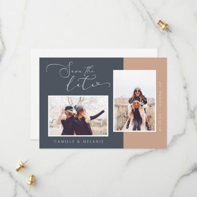 Modern, Minimal Elegant Navy & Tan Two Tone Photo Save The Date (Front/Back In Situ)