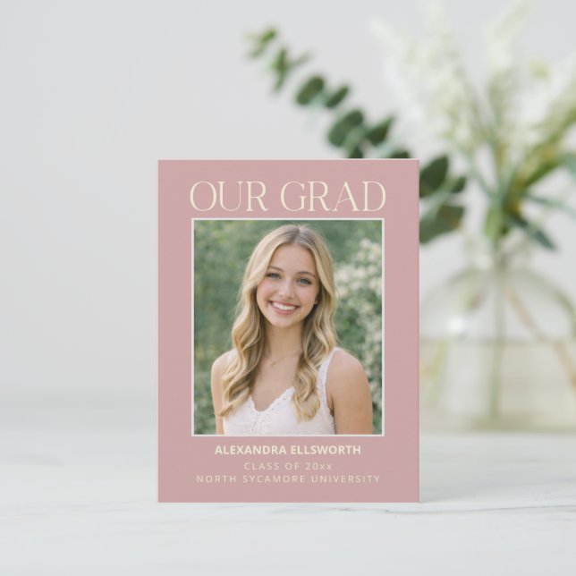Modern Minimal Elegant Photo Blush Pink Graduation Postcard (Standing Front)
