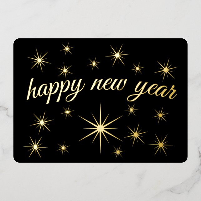 Modern Minimal Elegant Script Happy New Year Stars Foil Holiday Card (Front)