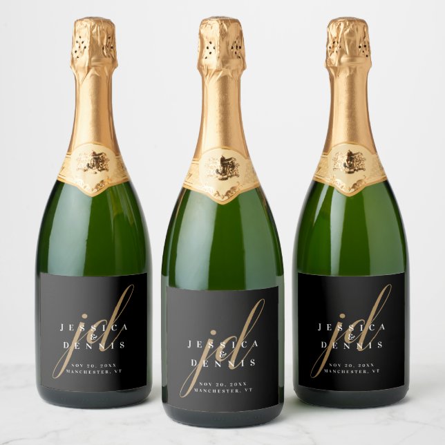 Modern Minimal Elegant Script Monogram Wedding Sparkling Wine Label (Bottles)