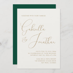 Modern Minimal Emerald Green Cream Script Wedding Invitation