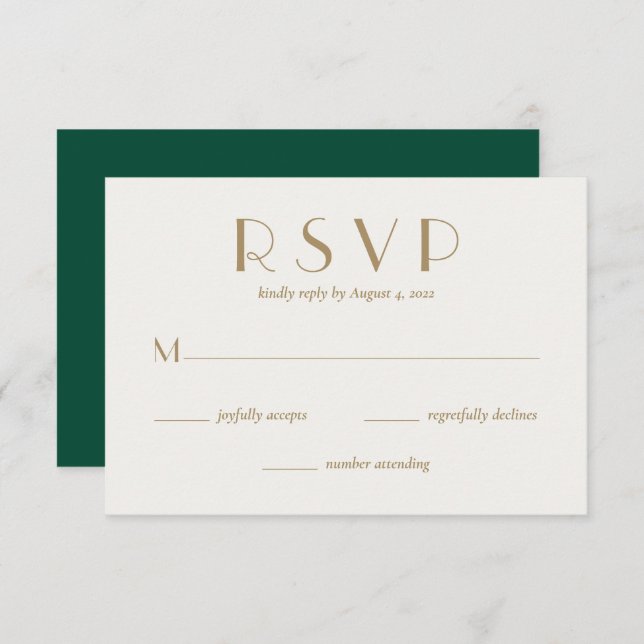 Modern Minimal Emerald Green Gold Wedding RSVP Card (Front/Back)