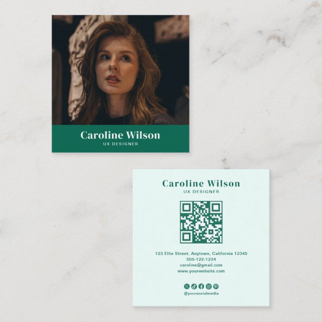 Modern Minimal Emerald Photographer QR Code Photo Square Business Card (Front/Back)