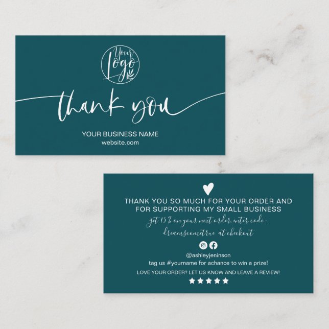 Modern minimal emerald script order thank you business card (Front/Back)