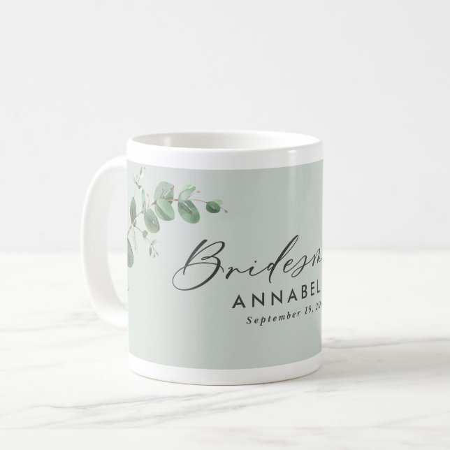 Modern minimal eucalyptus bridesmaid wedding coffee mug (Front Left)