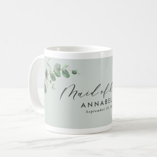 Modern minimal eucalyptus maid of honour wedding coffee mug (Front Left)