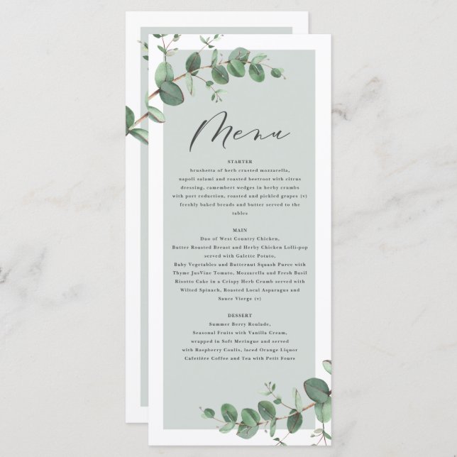 Modern minimal eucalyptus simple elegant wedding m menu (Front/Back)