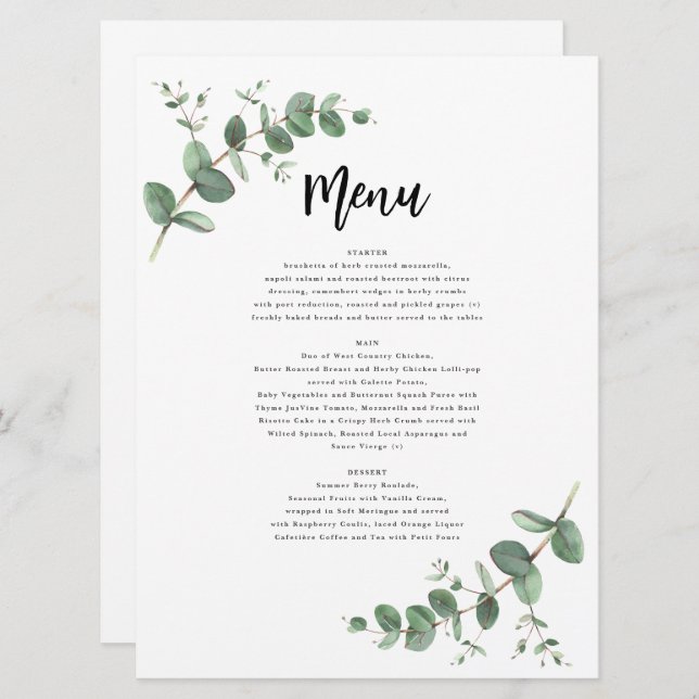 Modern minimal eucalyptus simple elegant wedding menu (Front/Back)