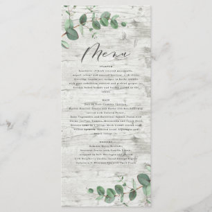 Modern minimal eucalyptus white wood wedding menu