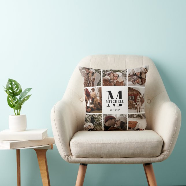 Modern Minimal Family Photo Collage Monogram Gift Cushion (Chair)