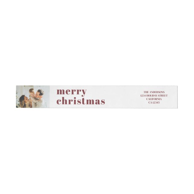 Modern Minimal Family Photo Red Christmas Wrap Around Label (Individual)