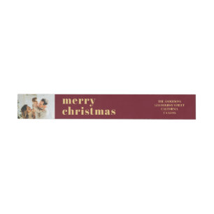 Modern Minimal Family Photo Red Christmas Wrap Around Label