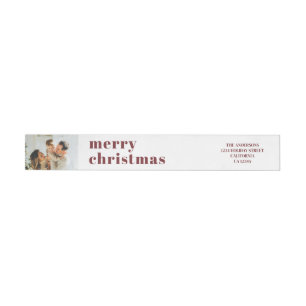 Modern Minimal Family Photo Red Christmas Wrap Wrap Around Label
