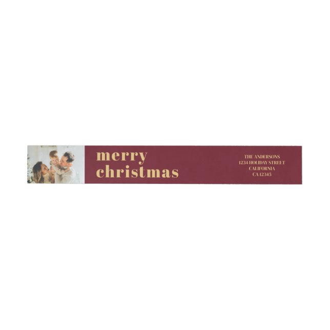 Modern Minimal Family Photo Red Christmas Wrap Wrap Around Label (Individual)