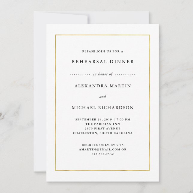 Modern Minimal | Faux Gold Border Rehearsal Dinner Invitation (Front)