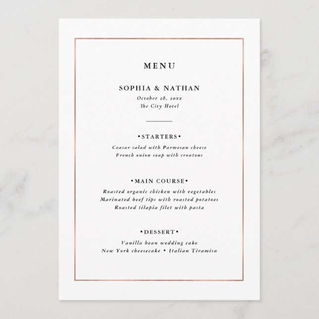 Modern Minimal | Faux Rose Gold Border Wedding Menu (Front)