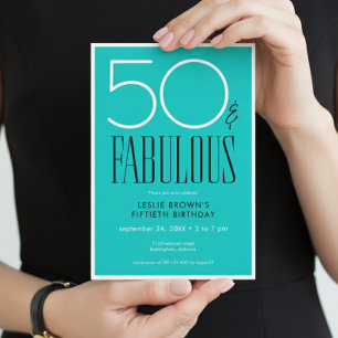 Modern Minimal Fifty Fabulous Bright Aqua Birthday Invitation
